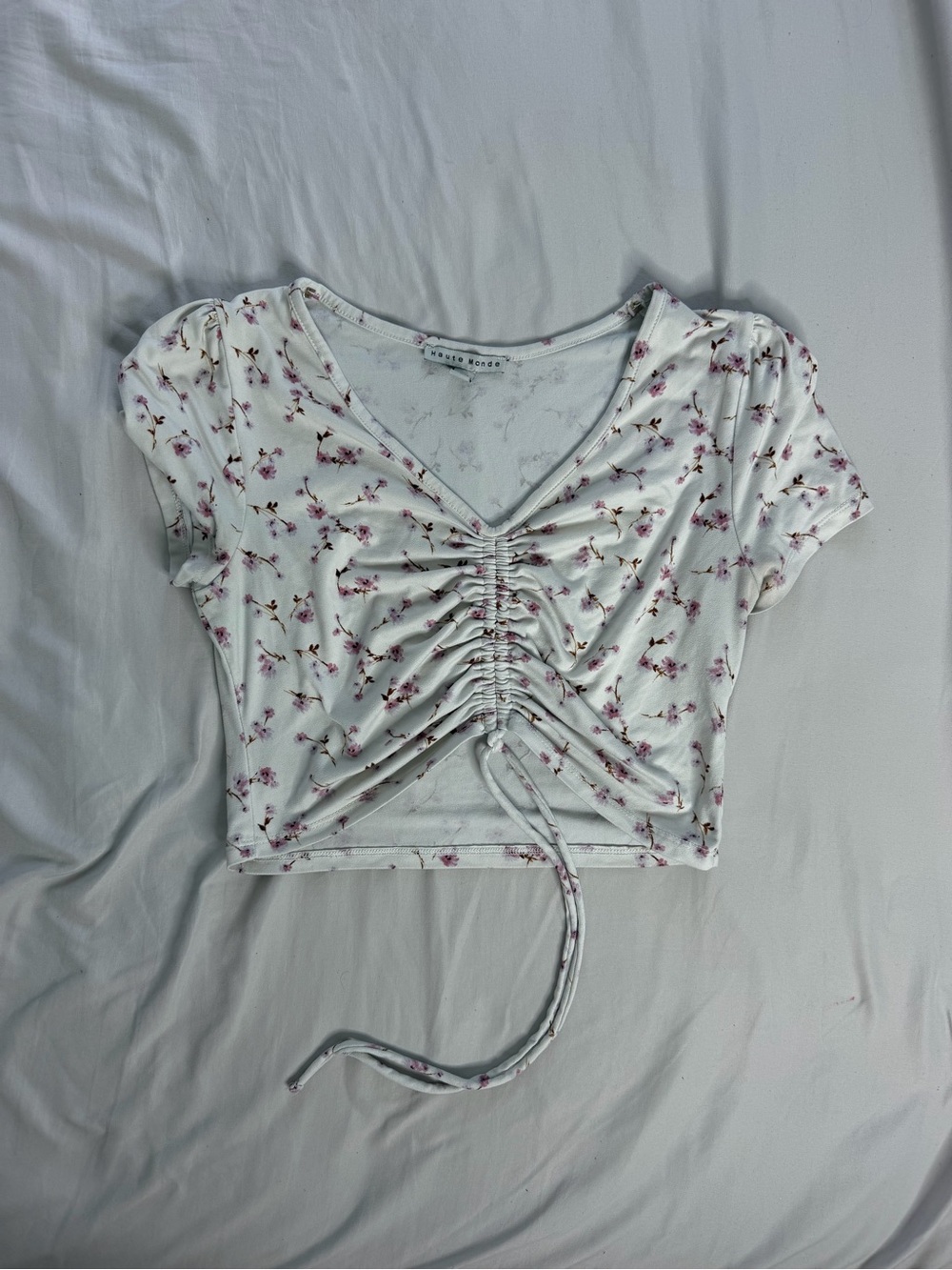 Haute Monde White Crop Top with Pink Floral Ruched Front